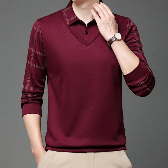 Fall Winter Men Sweater Fake Two-piece Lapel Plaid Slim Fit Thick Plush Warm Knitted Soft Long Sleeve Pullover Formal Business Style Mid-aged Men Top