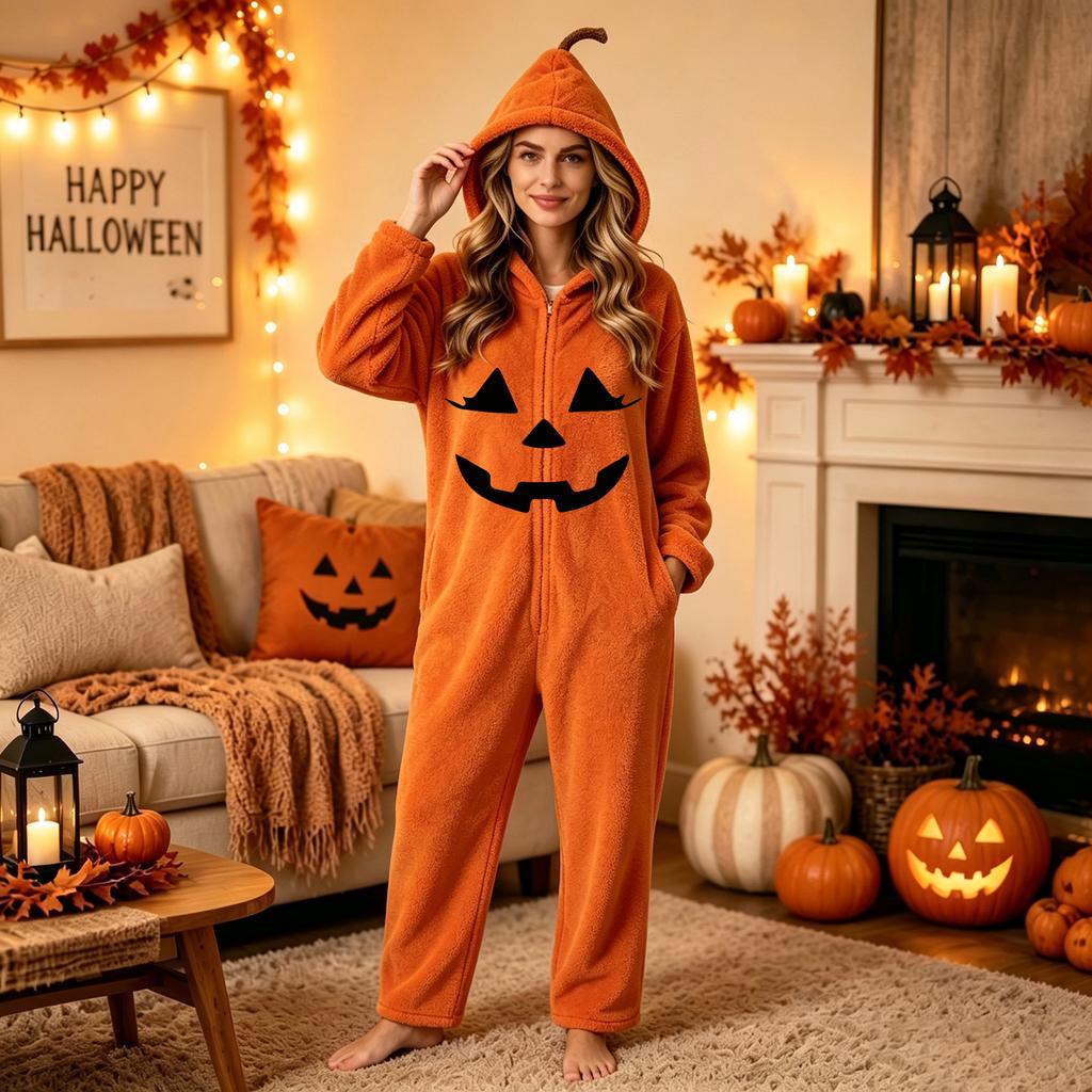 Women's Halloween Print Flannel Romper Loungewear Set for Comfortable Lounging