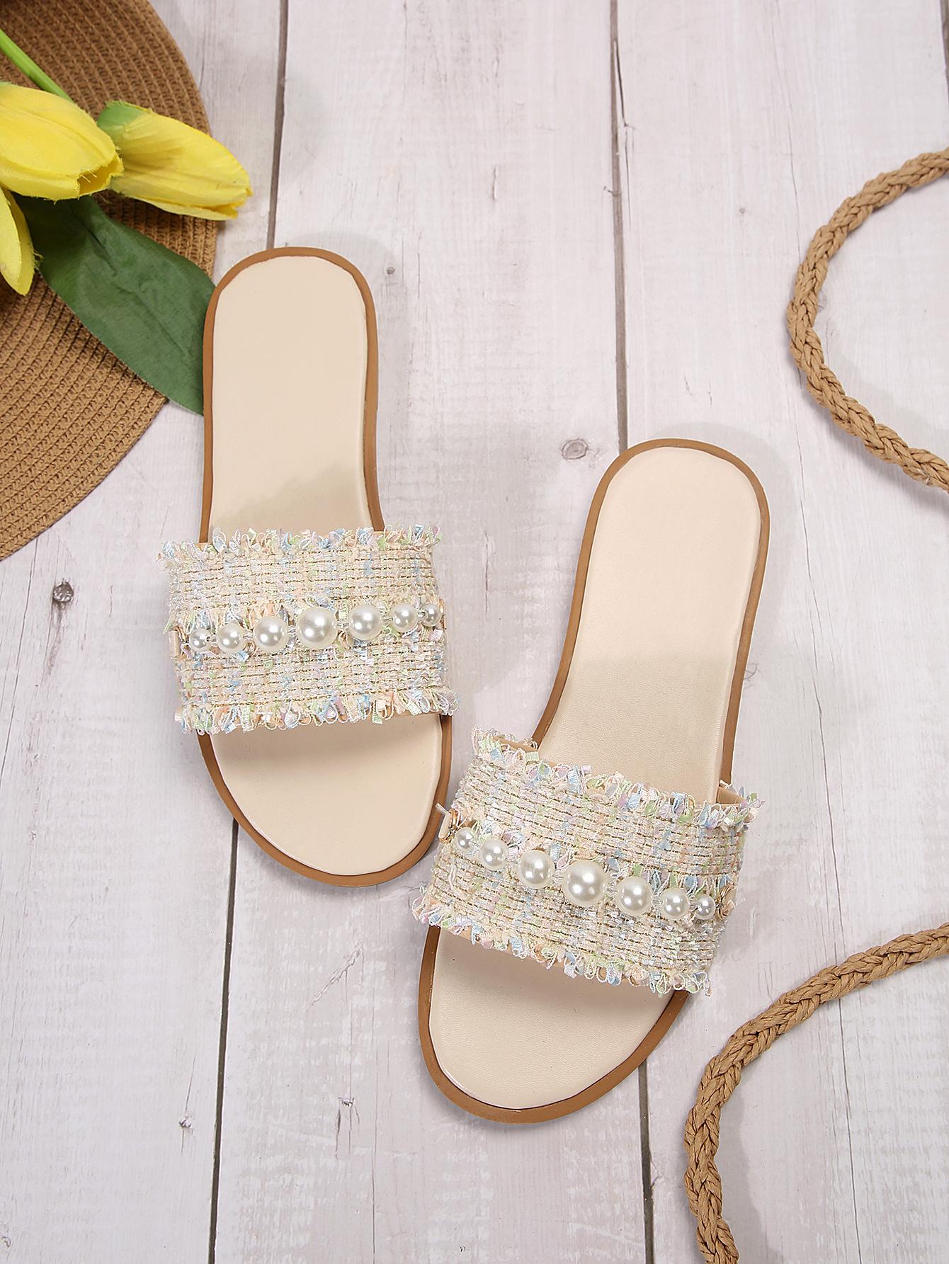 

South East Asia Foreign Trade New 2025 Spring and Summer Pearl Cloth Flat Bottom Large Size Casual One Word with Round Head Casual Slippers 43 жемчужный