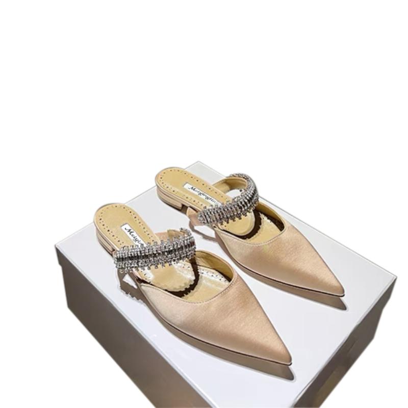 Fashion Women's High Heels Temperament Baotou Silk Rhinestones Muller Slippers Pointed Stiletto Pumps