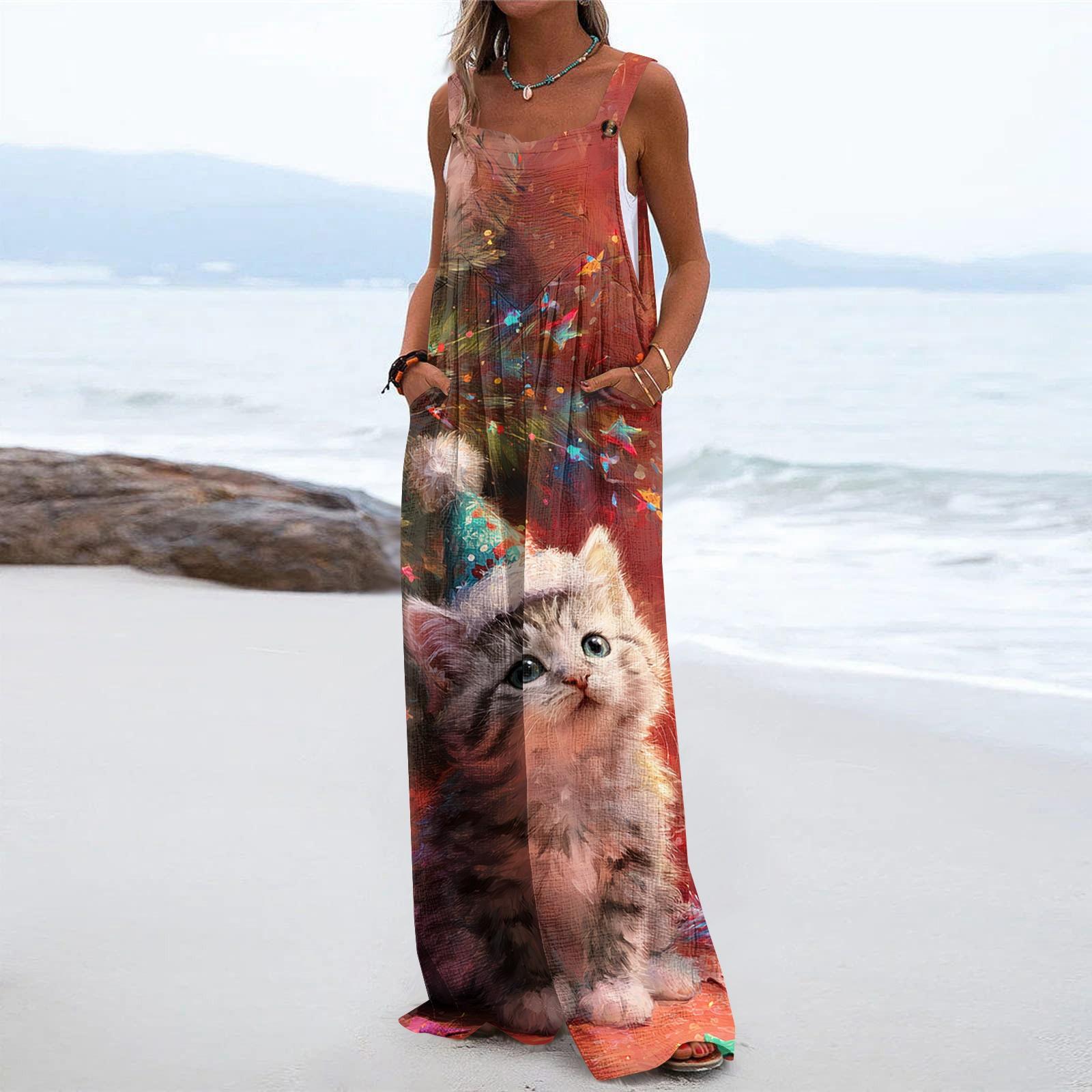 

Женский рождественский принт однотонный широкий крой без бретелек майка карман повседневный комбинезон XXL винный