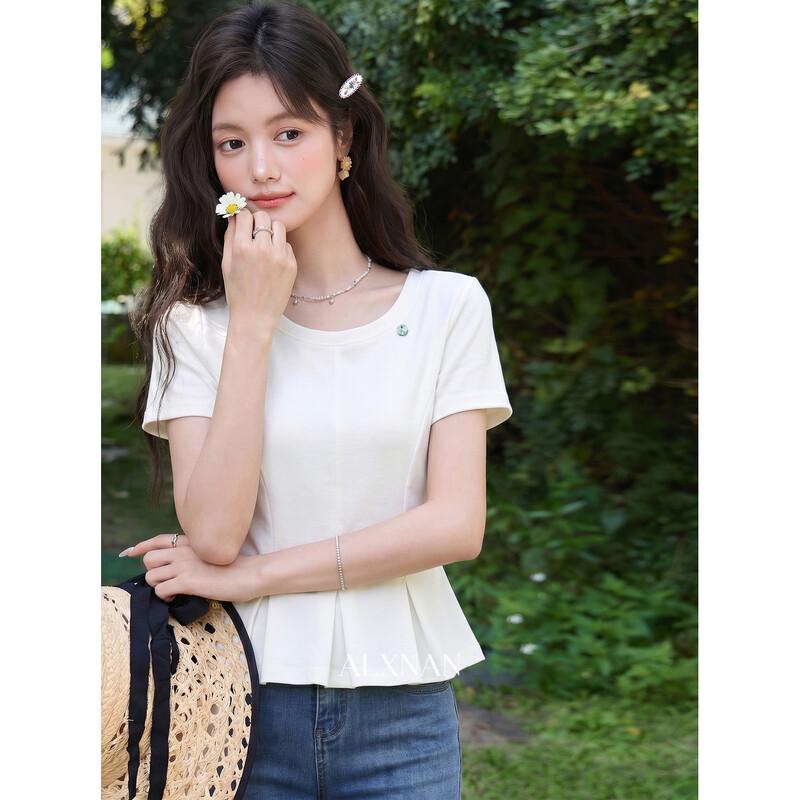 Women s Fashionable Round Neck Short Sleeve T-Shirt S грязно-белый