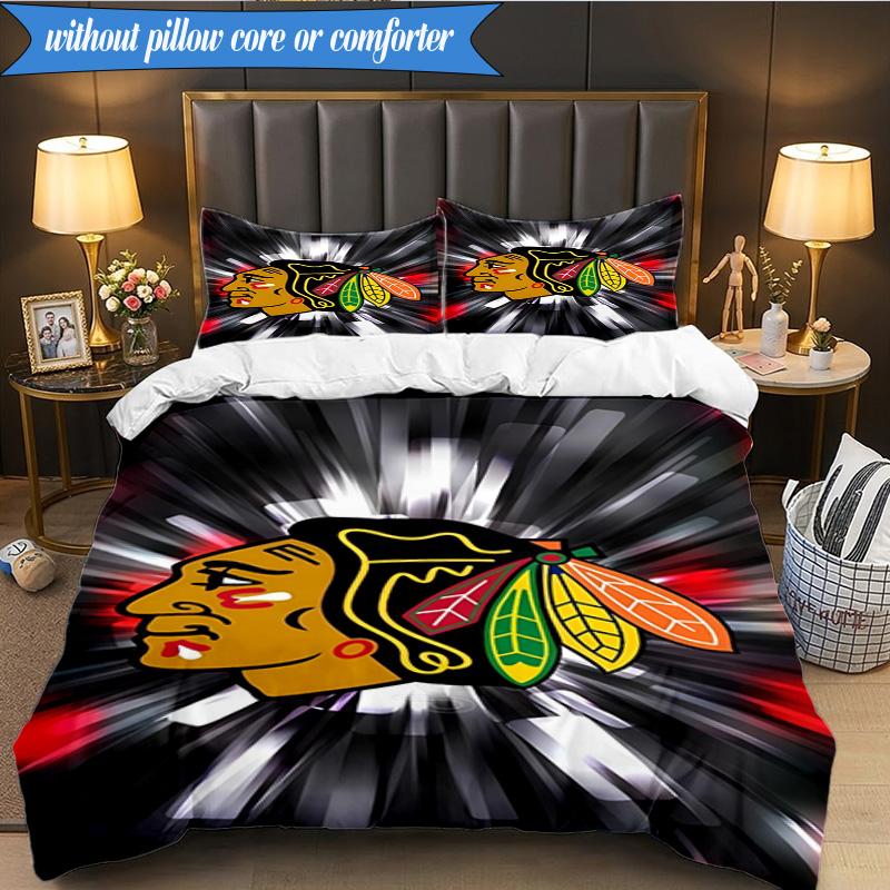 3PCS Chicago-Blackhawks Logo Bedding Set,Including 1pc Duvet Cover And 2pcs Pillowcases Perfect for Bedroom, Dormitory, Fan Christmas Gift