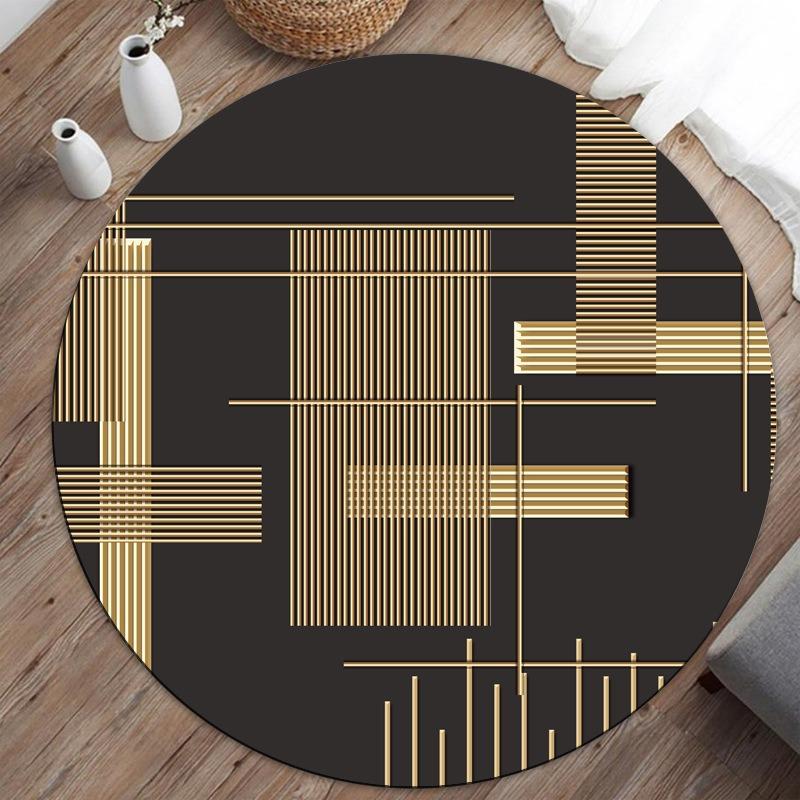 Modern Geometric Patterned Round Area Rug Artistic Gold Line Shape Print Carpet Soft Non Slip Floor Mat For Living Room Bedroom