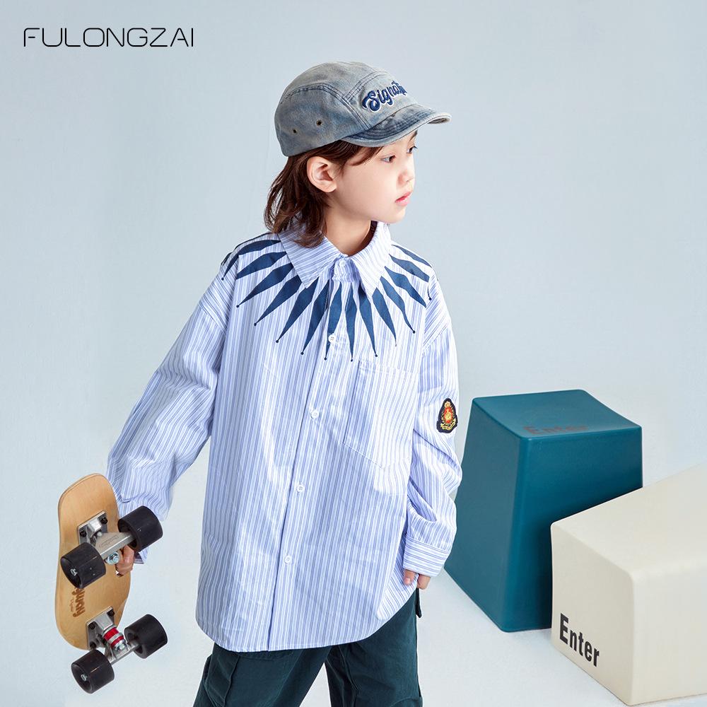 FULONGZAI 2025 Spring Parent-Child Vertical Stripe Shirt for Boys and Girls