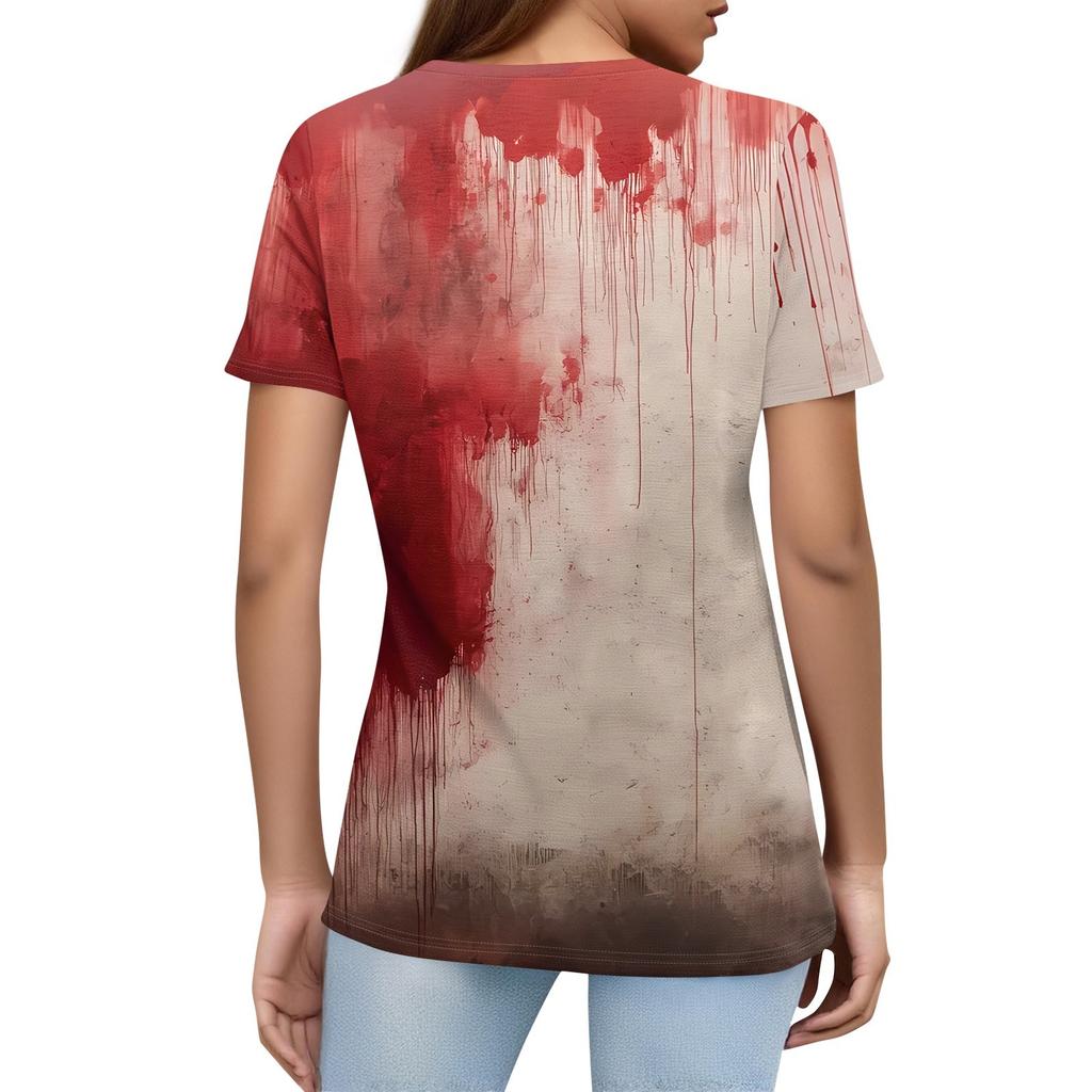 Women's T Shirt Halloween Print Button Short Sleeve Daily Weekend Fashion Basic V- Neck Regular Top