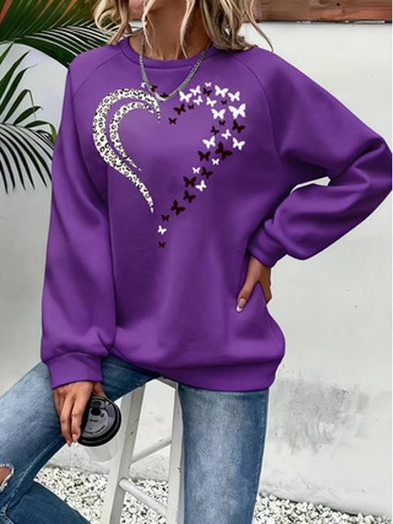 Damen Hoodie mit Herz- und Schmetterlingsprint - Mehrfarbig, Rundhalsausschnitt, Langarm, Lässiges vielseitiges Oberteil.