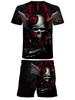 Dark Gothic Men's Set: Skull and Red Rose Print Short Sleeve Shirt and Shorts, Outdoor Street Cool Casual 2pcs Outfit