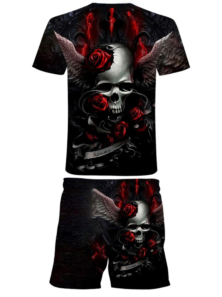Dark Gothic Men's Set: Skull and Red Rose Print Short Sleeve Shirt and Shorts, Outdoor Street Cool Casual 2pcs Outfit