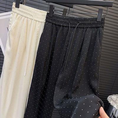 GlowGirl GlowGirl Lucyever High Quality Luxury Full Rhinestone Straight Pants Women Fashion High Waist Loose Wide Leg Trousers Solid Casual Pants
