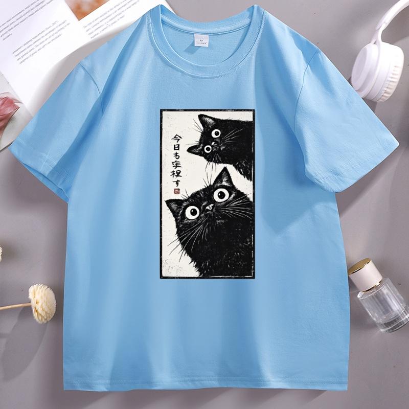 Japanese Cat Graphic TShirts Vintage Tokyo Aesthetic Black Cat Tee Kawaii Streetwear Casual Cotton Short Sleeve Round