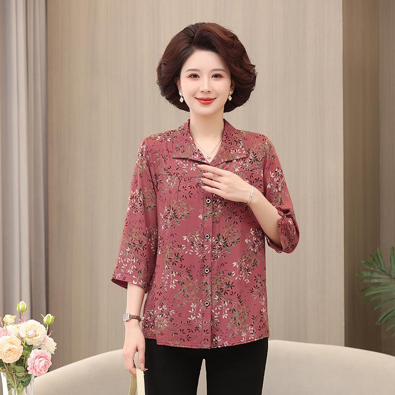 Middle-aged and Elderly Long-sleeved Shirt Women's Style Grandma's Cotton Silk Shirt Plus Size Fat Mother's Spring and Summer Loose Top