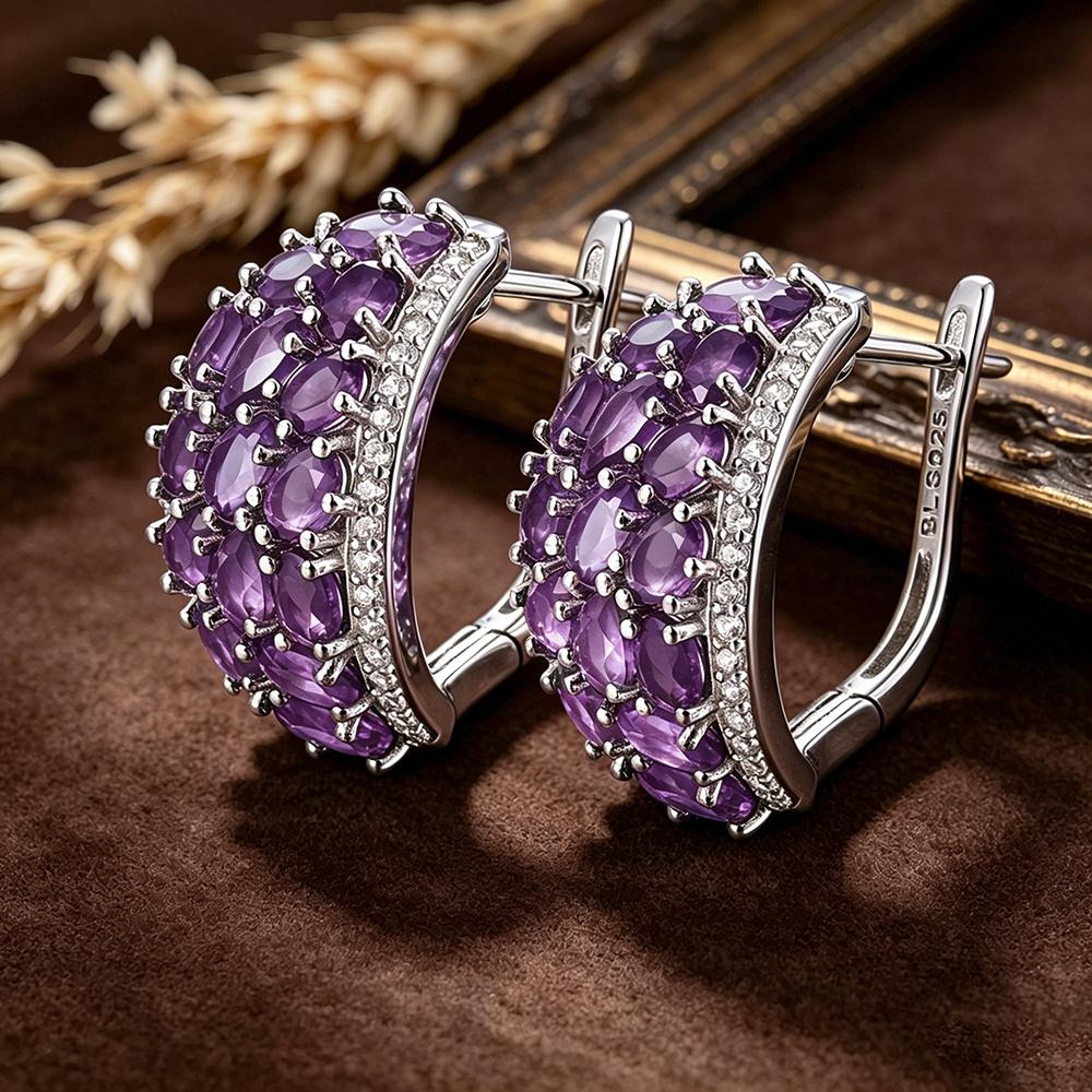 Exquisite 925 Sterling Silver Earrings Natural Amethyst Gemstones Light Luxury Fine Jewelry for Women's Banquet Gifts