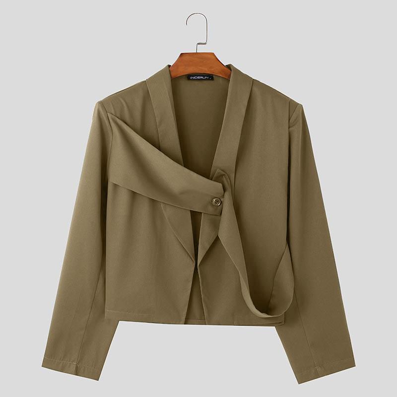 INCERUN Blazer scurt pentru bărbați, cu mânecă lungă, încrucișat, cu model patchwork, deschis în față