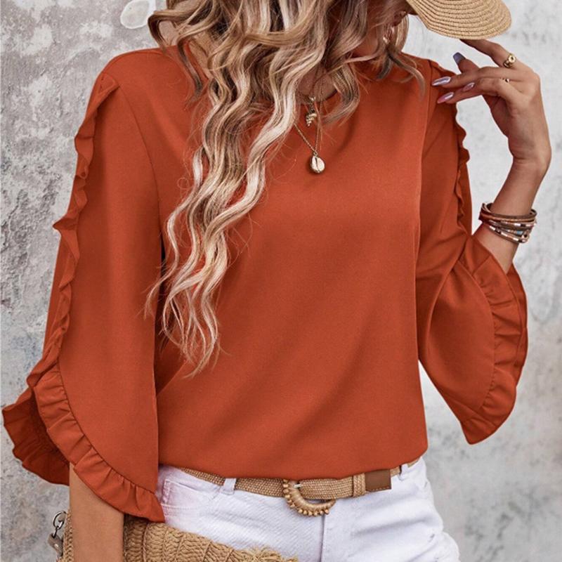 Ladies Summer Ruffles Half Sleeve Solid Color Pullover T Shirt Top