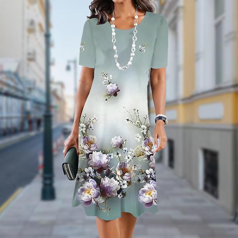 

Модное женское свободное изящное платье-трапеция с цветочным принтом и коротким рукавом и принтом листьев M зелёный