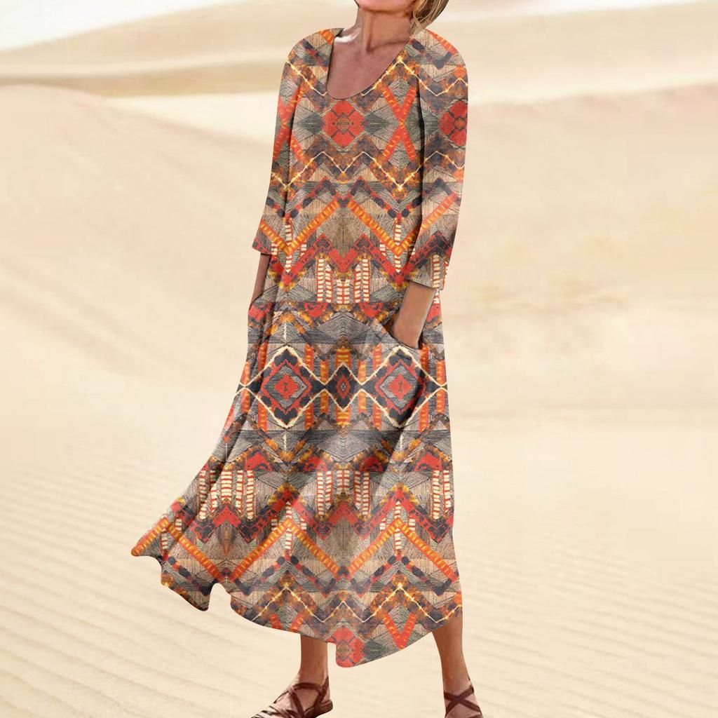 Kleid für Damen, Frühling, Boho, lässig, modisch, 3/4-Ärmel, Kleid für den Urlaub, große Größe