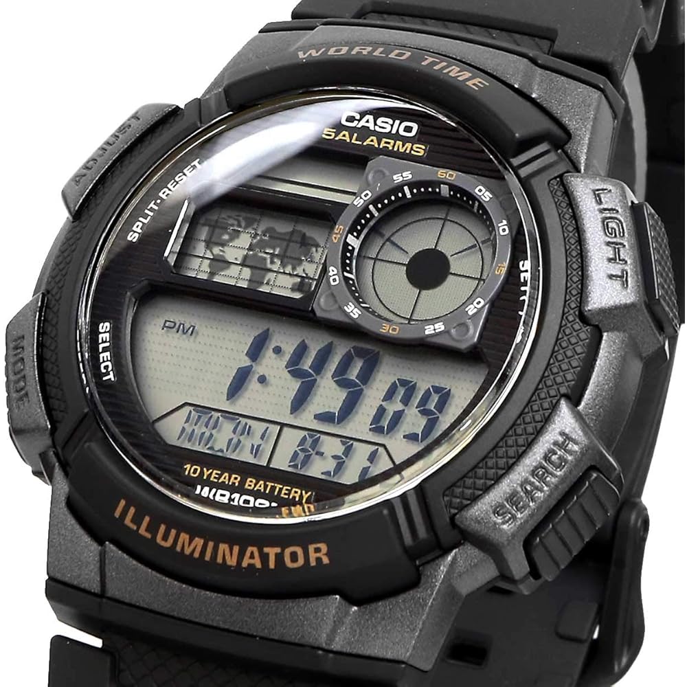 Casio World Time Digital Men's Watch AE-1000W-1AV Black Gunmetal Color Water Resistant Lightweight Design