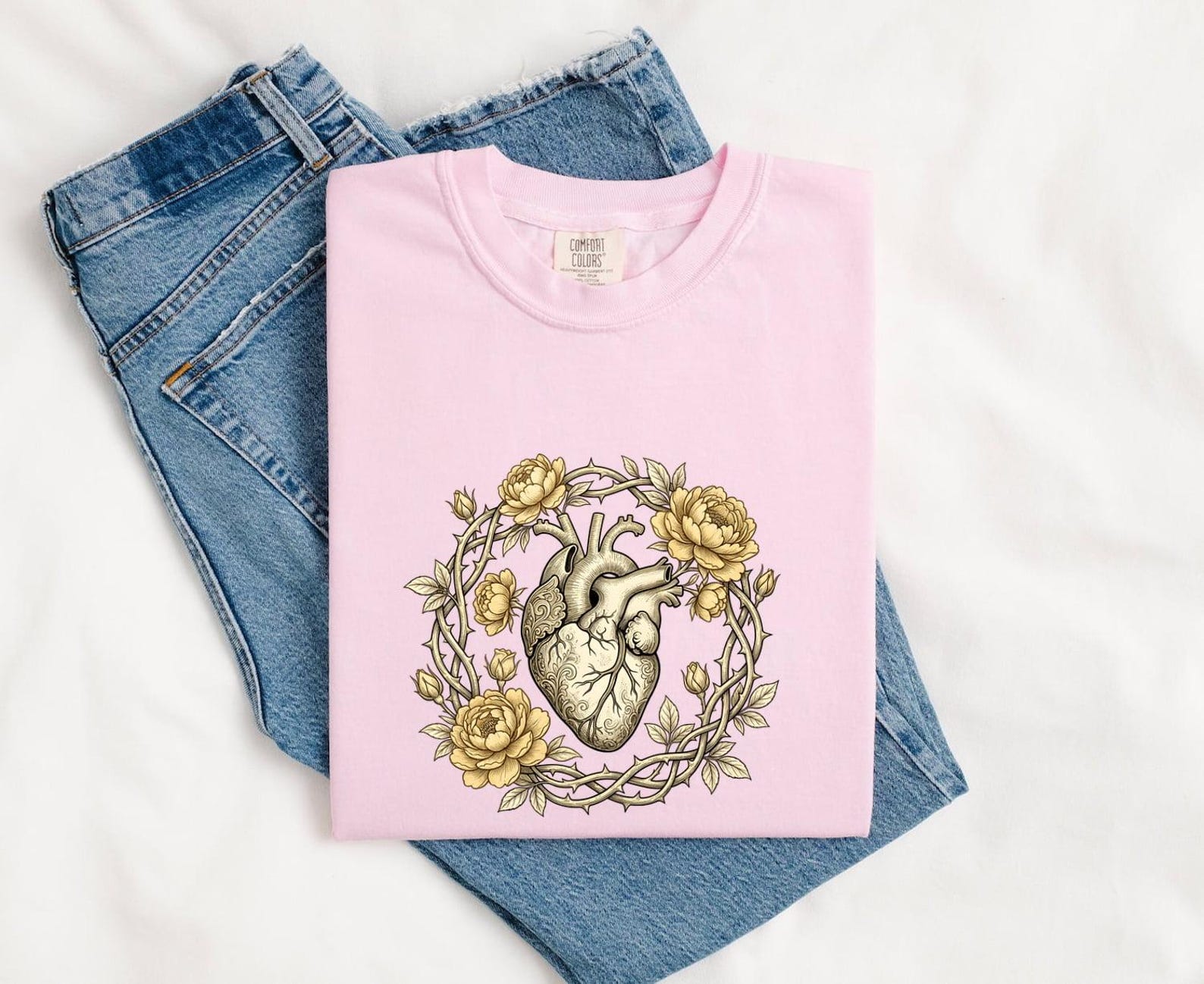 Anatomical Heart Bloom Shirt Boho Chic Flora Gift Women Folk Tee Heart Anatomy T-Shirt Bohemian Fan Folk Art Tshirt Botanical Graphic 4XL