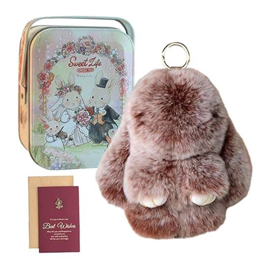 Handmade Soft Plush Bunny Keychain with Tin Box Fluffy Cute Bunny Pom Pom Charm Stuffed Animal Keyring for Easter Birthday Gift