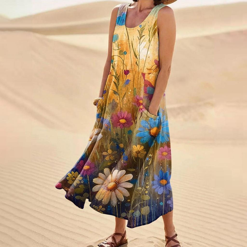 Women's Casual Fashion Flower Printed Sleeveless Pocket Dress