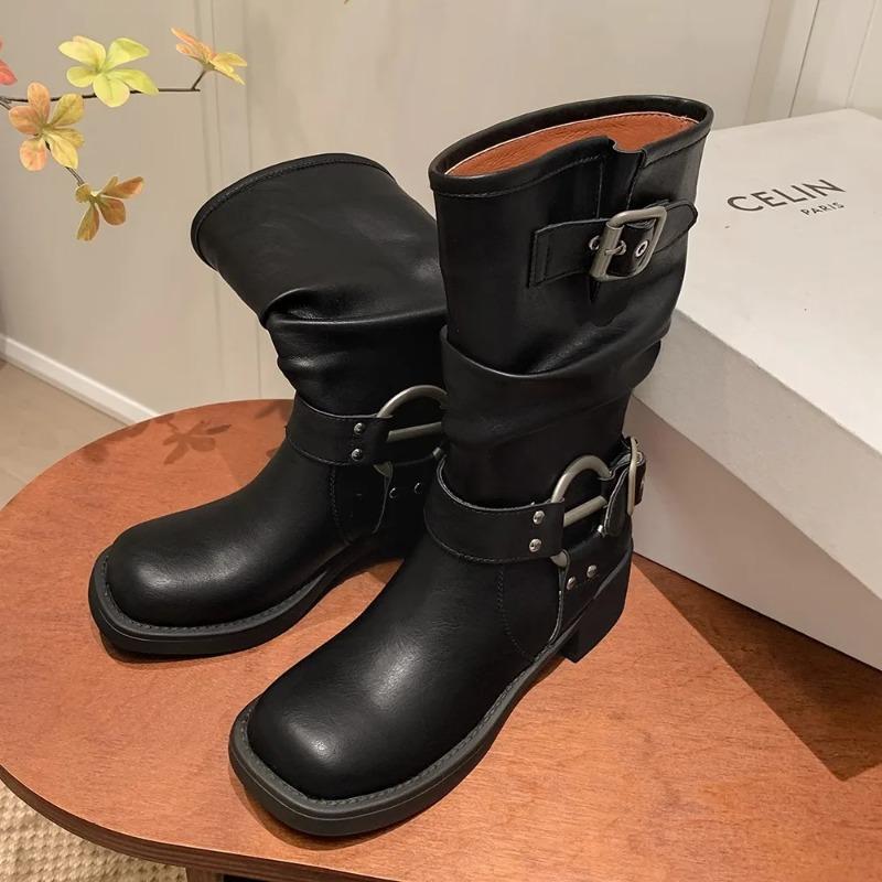 Modische Schnalle Motorradstiefel Damen Runde Spitze Mittlerer Absatz Knöchelhohe Stiefel Quadratischer Absatz Herbst Plateau-Schuhe