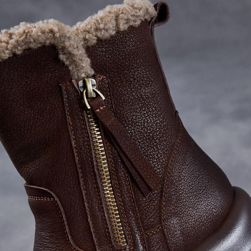Johnature Thick Soled Genuine Leather Women's Boots Plush Warm Cotton Shoes Versatile Mid-calf Boots