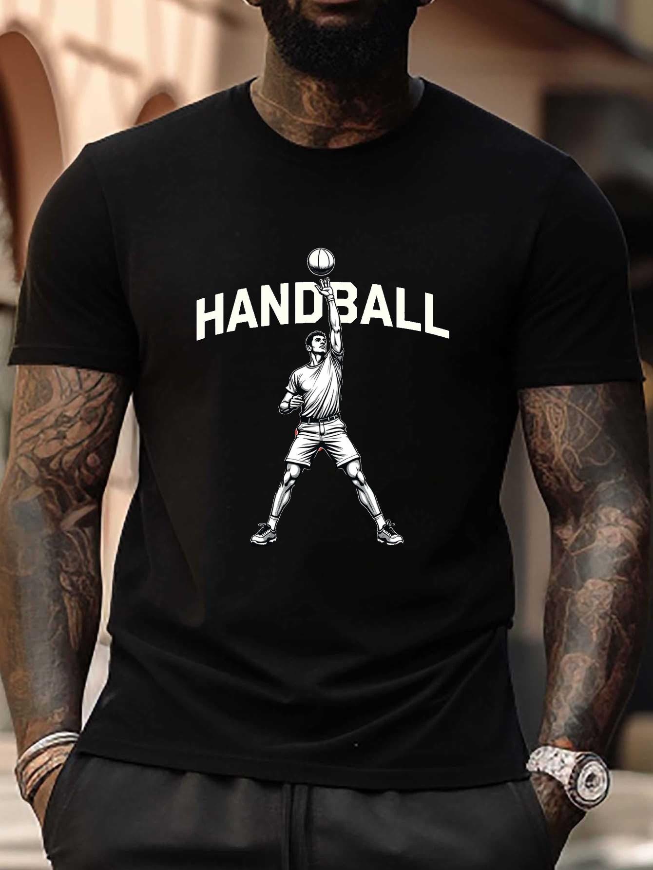 

Plus Size Handball Graphic T-shirt - Black Casual Short Sleeve Tee with Dynamic Player Design S