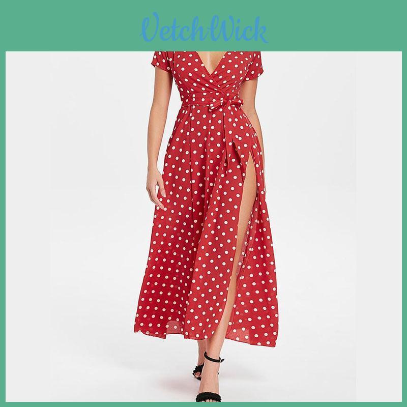 Women Short Sleeve V Neck Swing Dress With Elegant Polka Dot Print And Slit Detail