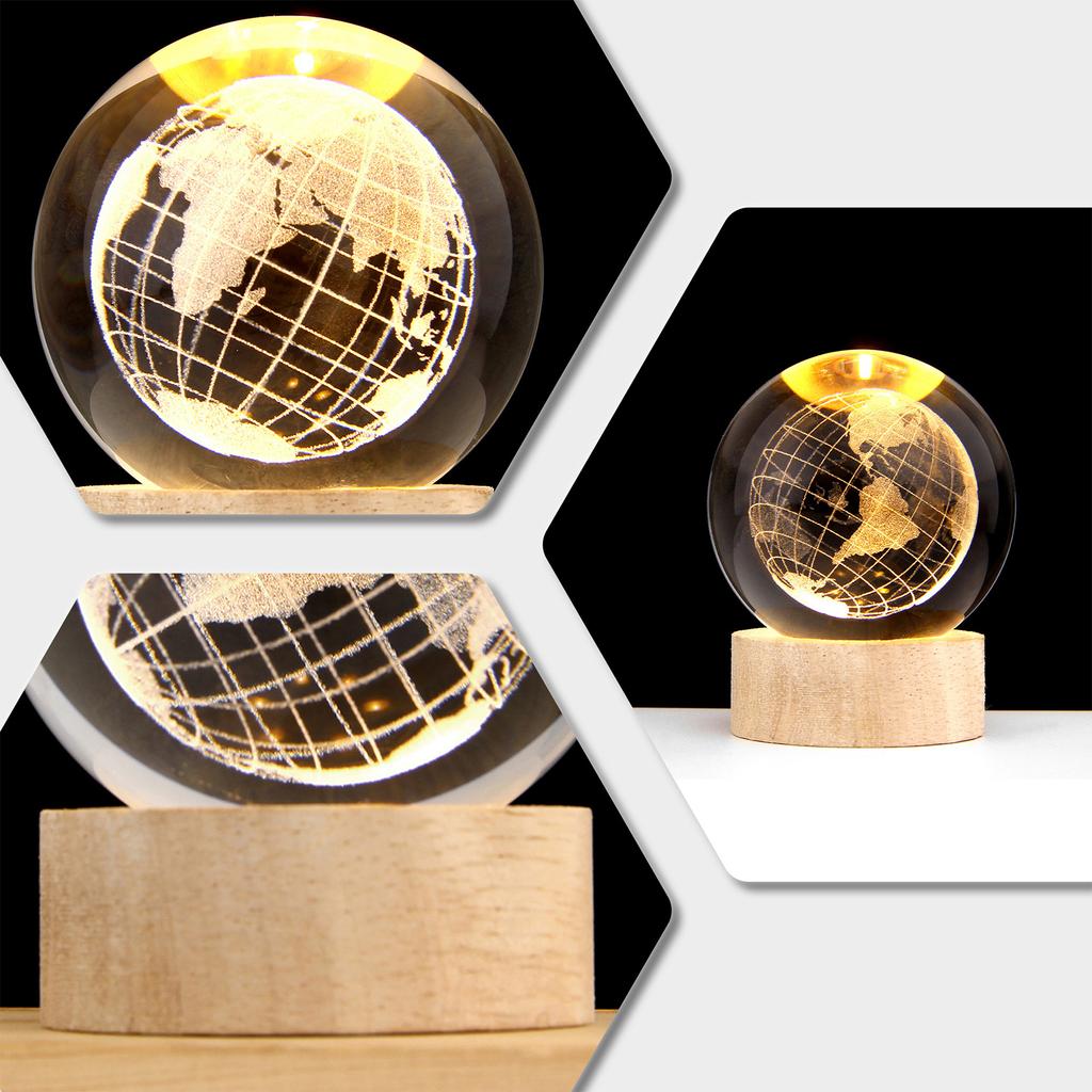 3D Crystal Ball with Warm Light Wooden Base Small Night Light Desktop Decoration Ornaments Holiday