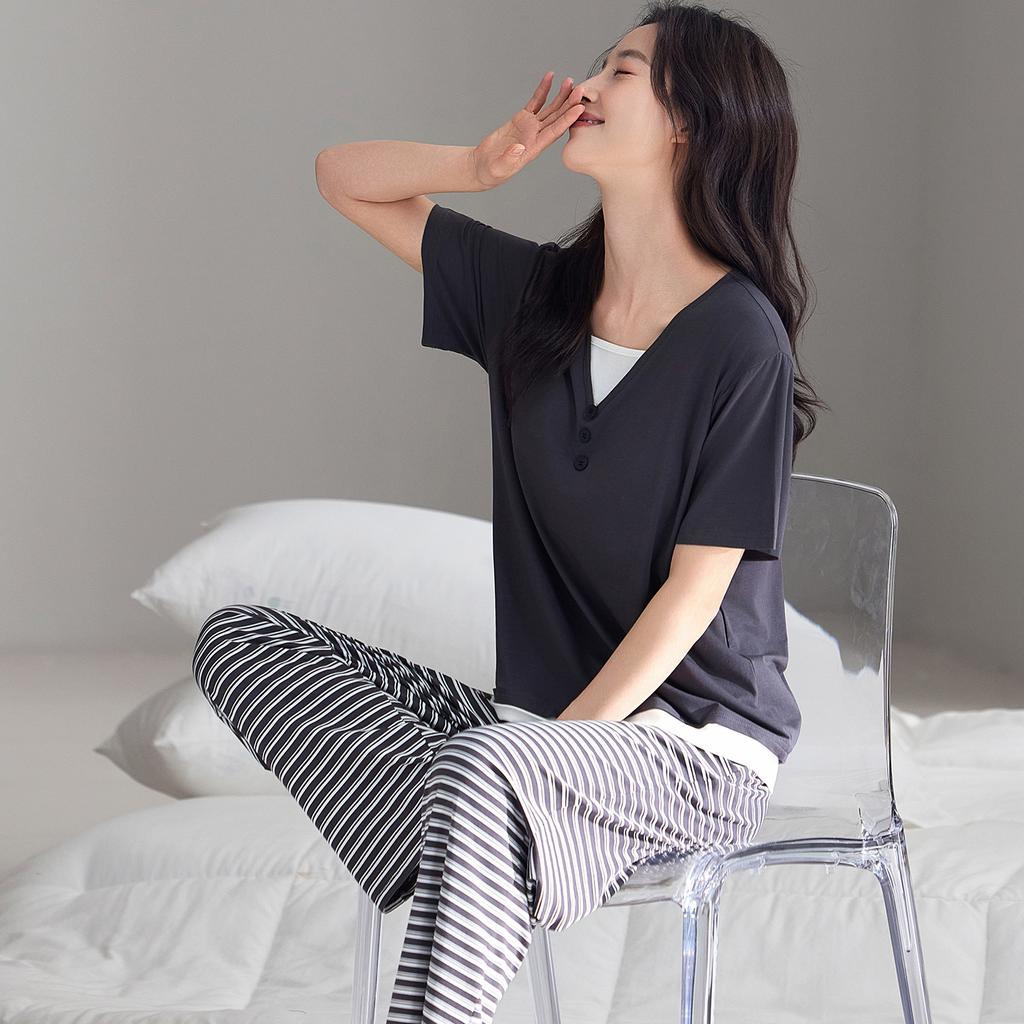 Modal cotton loose large size striped loungewear two-piece set women's summer can be worn outside with chest pad thin pajamas