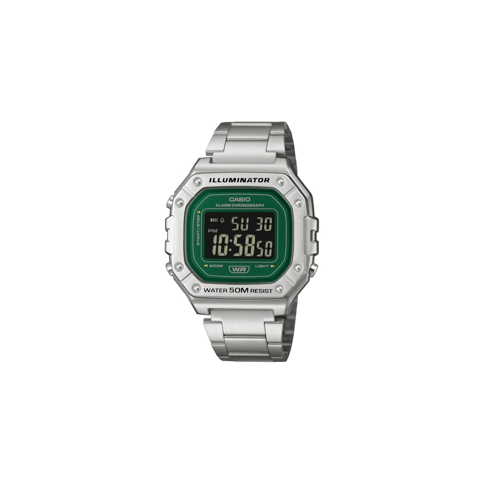 Casio Standard Digital Watch W-218HD-3AV Men s Metal Band Silver Green Reverse LCD