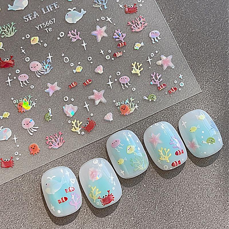 5D Fantasy Beach Summer Dreamy Colorful Starfish Shell Jellyfish Coral Jelly Decals Decoration Nail Art Sticker Manicure Salon