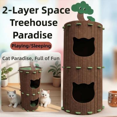 New 2-layer Cat House Tree Hole Design Japanese Style Cat Castle House Durable Cylindrical Cat Bed Cat Furniture