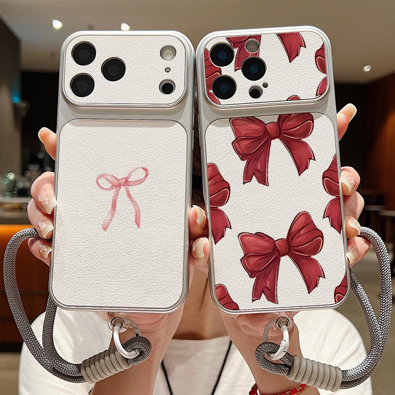 Pink Bowknots Print Leather Lanyard Case For iPhone 18 Pro Max Hybrid TPU+PU Anti-skid Soft Cover For iPhone 17 16 15 14 13 Pro Max