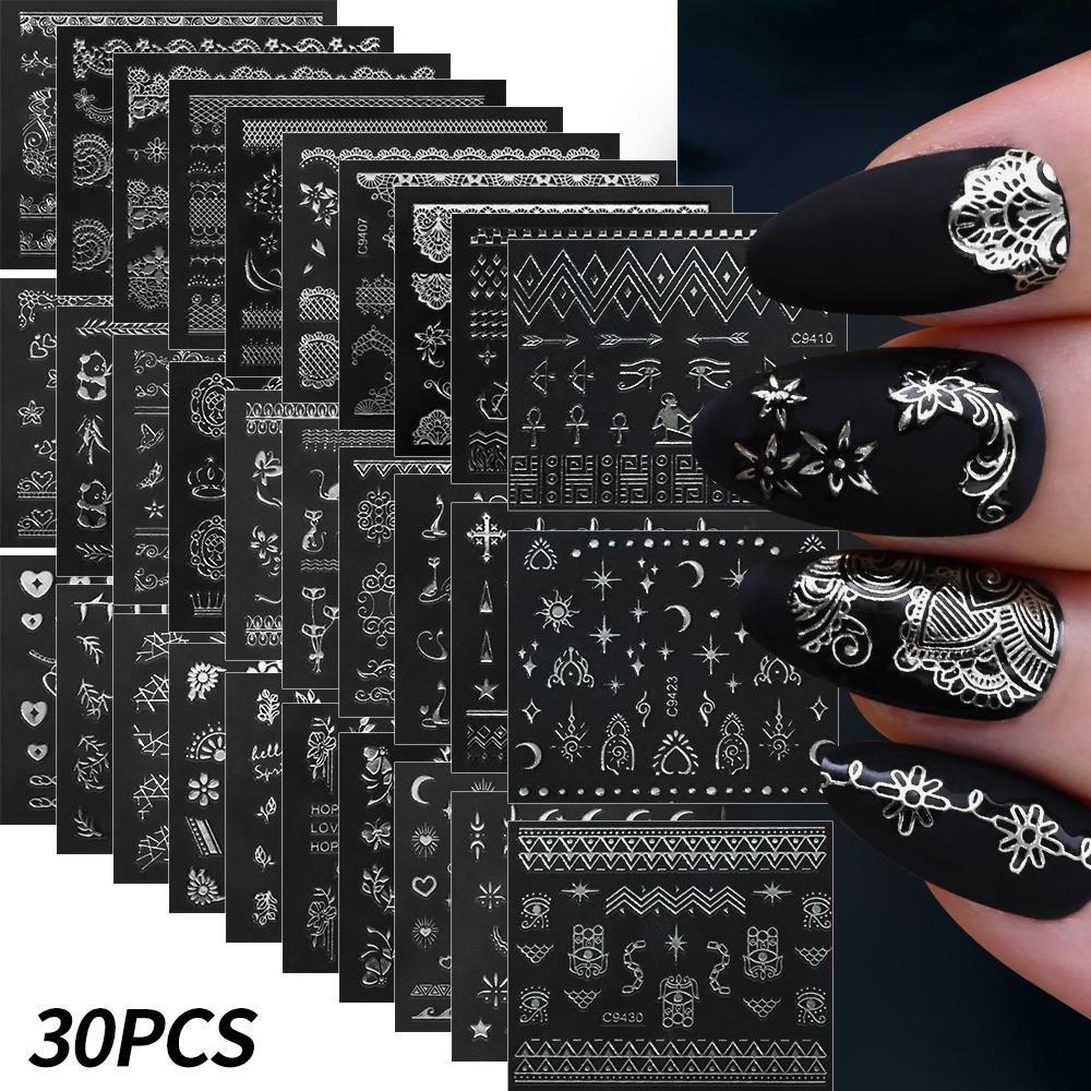 30 Stück Weihnachten Geprägt Glitzer 5D Nagelaufkleber 6*5cm Elch Schneeflocke Bär Schneemann Xmas Aufkleber Winter Maniküre Glitzer Aufkleber