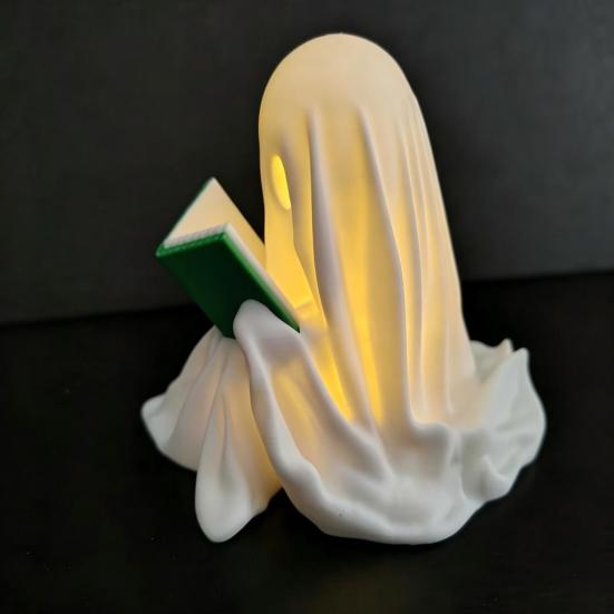 Carina Figurine di Fantasma che Legge un Libro, Piccola Statua di Fantasma di Halloween Illuminata a LED per Decorazione di Libreria, Caminetto, Scrivania