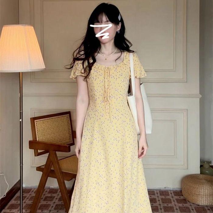 French temperament bubble sleeve yellow floral dress children s summer new small super good-looking long dress S светло-желтого