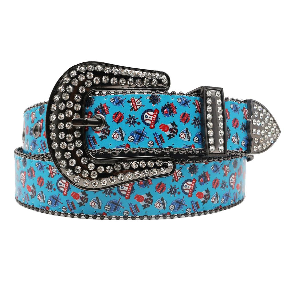 Rhinestone Belt Printed and Painted Baseball Graffiti Rhinestone Printed Belt Personality Fashionable Versatile PU Belt