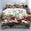 Red Roses and Green Leaf Patterns Print Bedding Set 1 Duvet Cover 2 Pillowcases for Adult and Children Luxury Gift Full Size