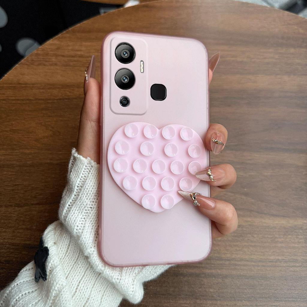 Heart Shape Suction Cup Phone Case for Infinix HOT 12 Play Semi Transparent Matte Shockproof Soft TPU Cover