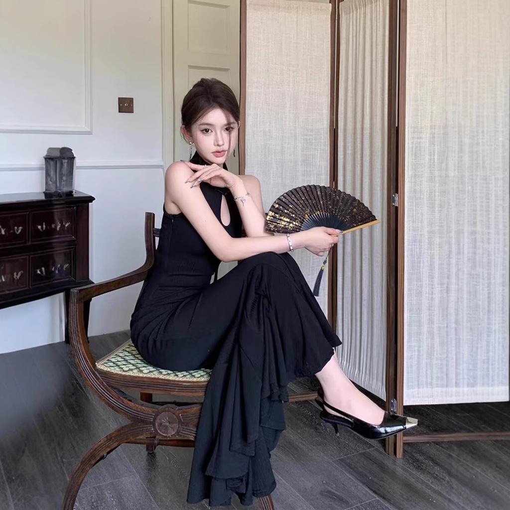 New Chinese-style improved cheongsam buckle neck dress women's summer retro black temperament waist fishtail long skirt