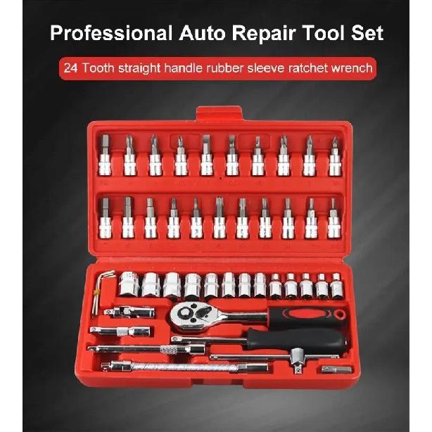 46Pcs Car Repair Tool Kit 1/4 Inch Socket Set Ratchet Torque Wrench Multifunctional Mechanical Auto Maintenance Combo