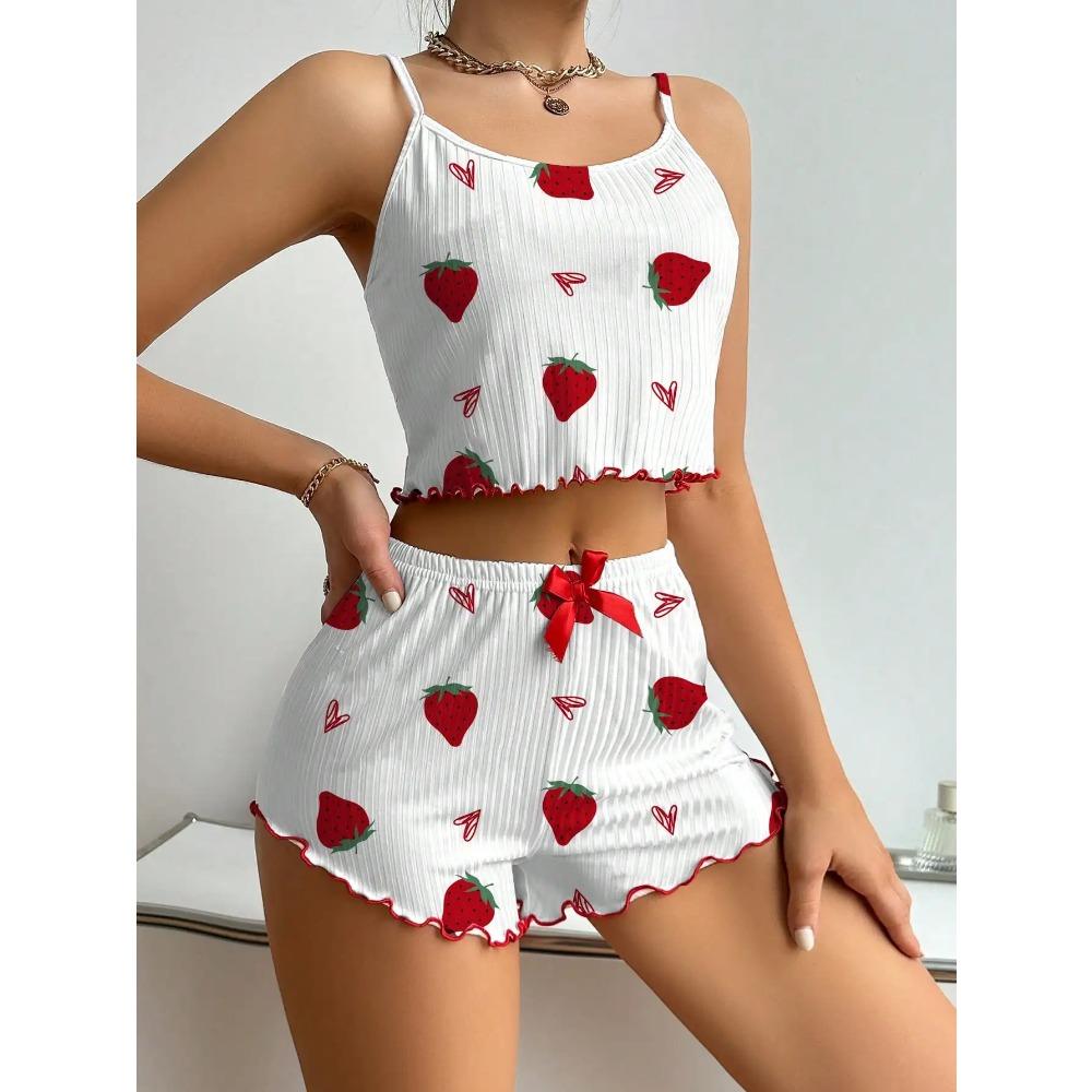Women's Strawberry Print Ribbed Knit Ice Silk Camisole Pajama Set Comfortable Two-Piece Sleepwear for Summer