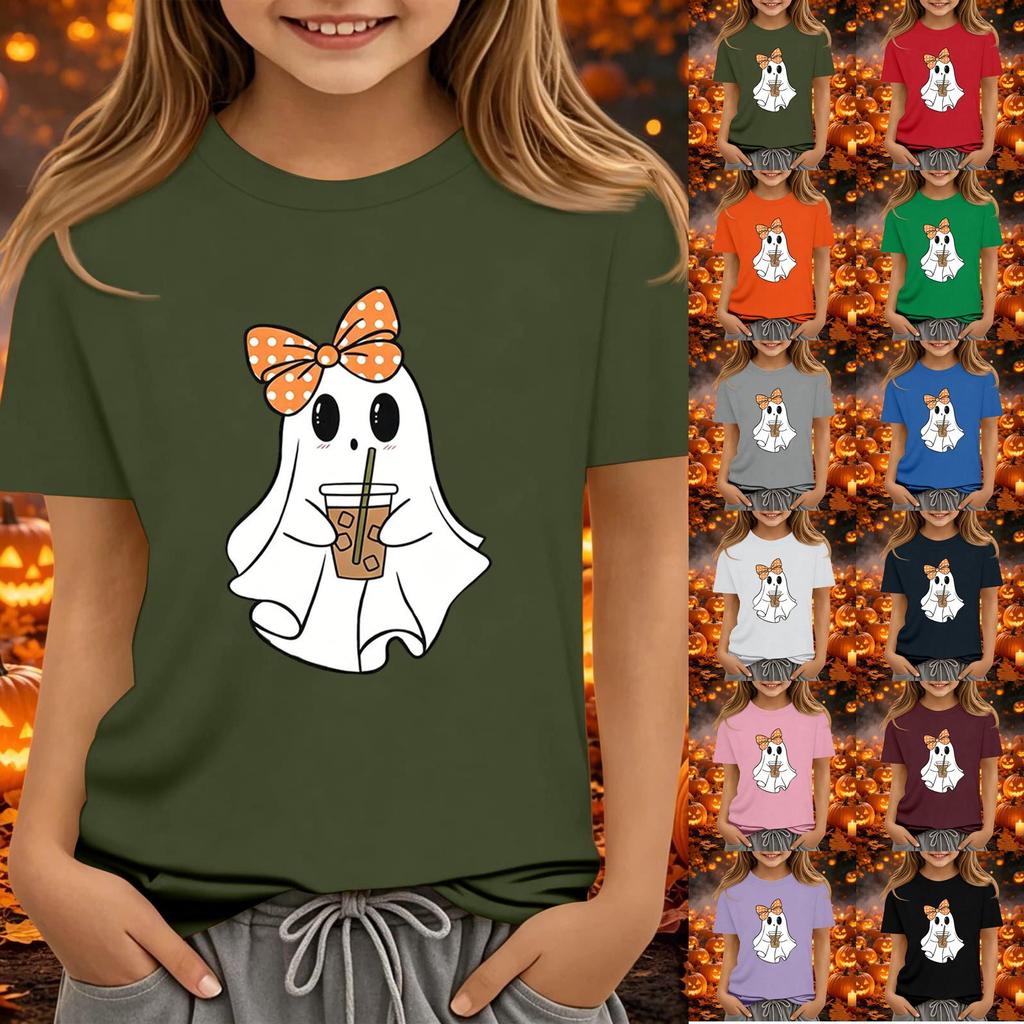 Kids Halloween Printed Short Sleeve T-Shirt Loose Fit Round Neck Casual Tee