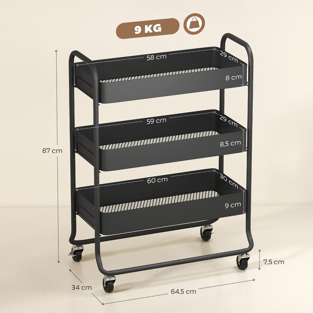 3-Tier Storage Trolley on Wheels, Rolling Utility Cart with Mesh Backets for Kitchen, Bathroom, Bedroom, Black