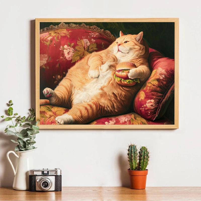 Vintage-Poster im Rokoko-Stil: Dicke orange Katze mit Hamburger – Lustiges und niedliches Tierposter auf Leinwand, Wandbild für Zuhause oder Zimmer