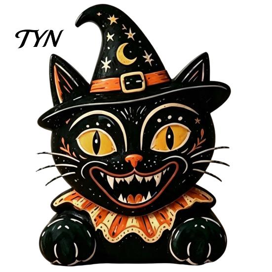 Small Wood Ornament Vintage Halloween Wooden Figurine, Rustic Witch Zombie Cat Owl Frog Tabletop Decorative Figurine Ornament, Farmhouse Tiered