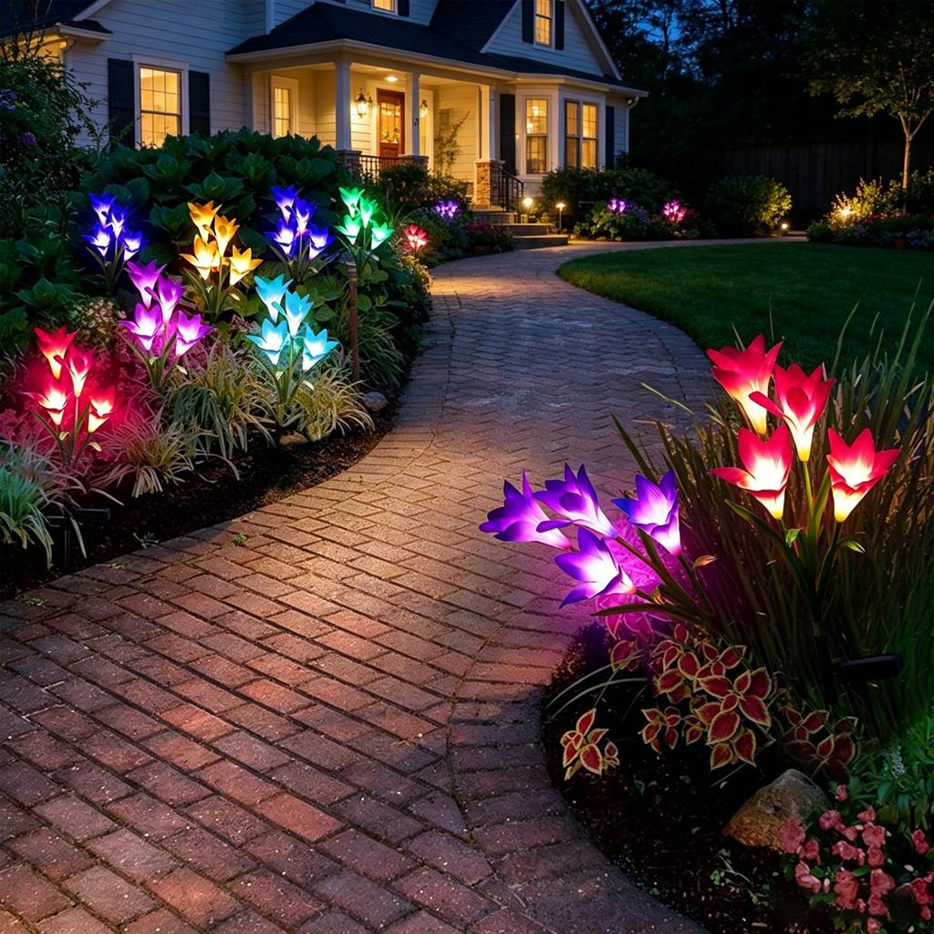 Solar Powered Outdoor Garden Light with Artificial Lily Flower Design for Yard Patio Pathway Decoration with Stake Mount