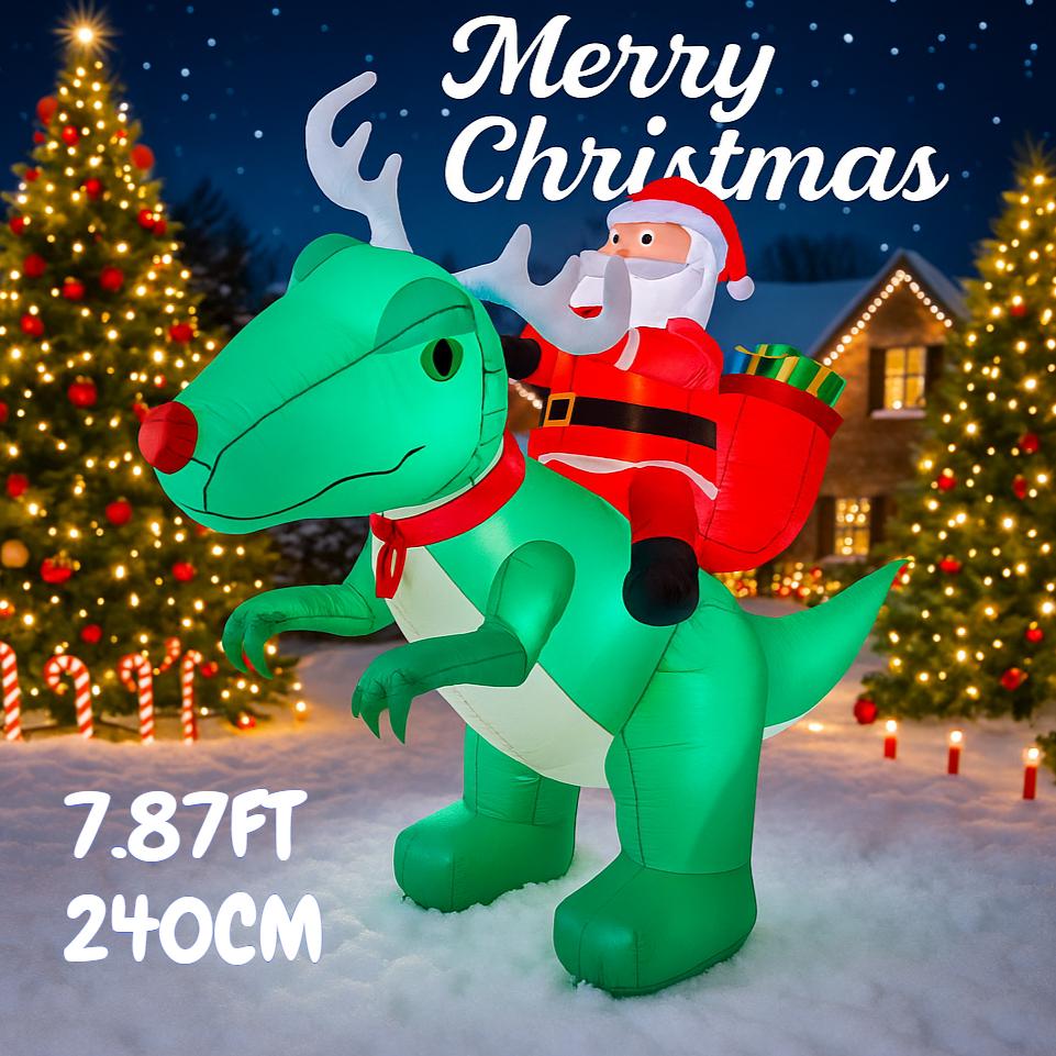 7.87FT Christmas Inflatable Toys With LED Lit Santa Claus Dinosaur Supplies Home Ornament Festive Gift Xmas Yard Decoration